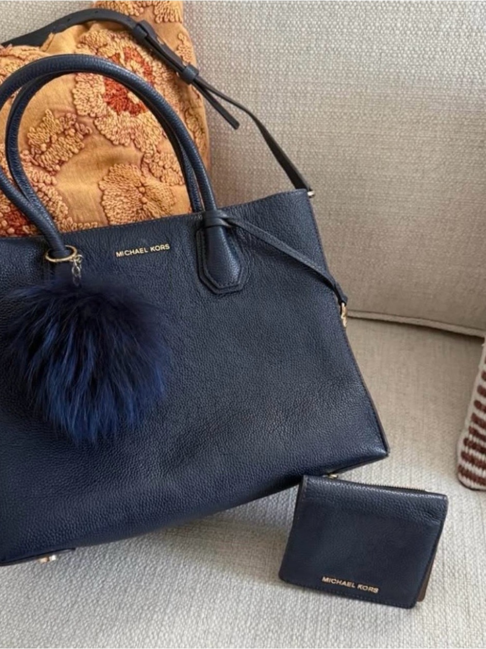 Michael Kors Navy Pebbled Leather Tote with Matching Wallet and Pom Charm